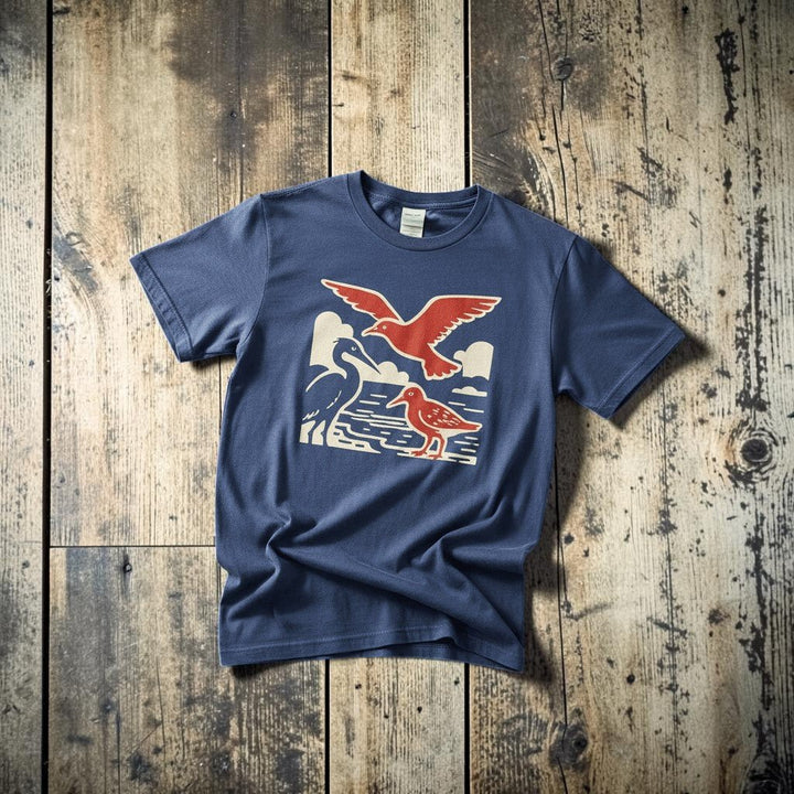 Nature-Inspired High Tide Beach china blue garment-dyed tee tossed on retro-grunge driftwood planks