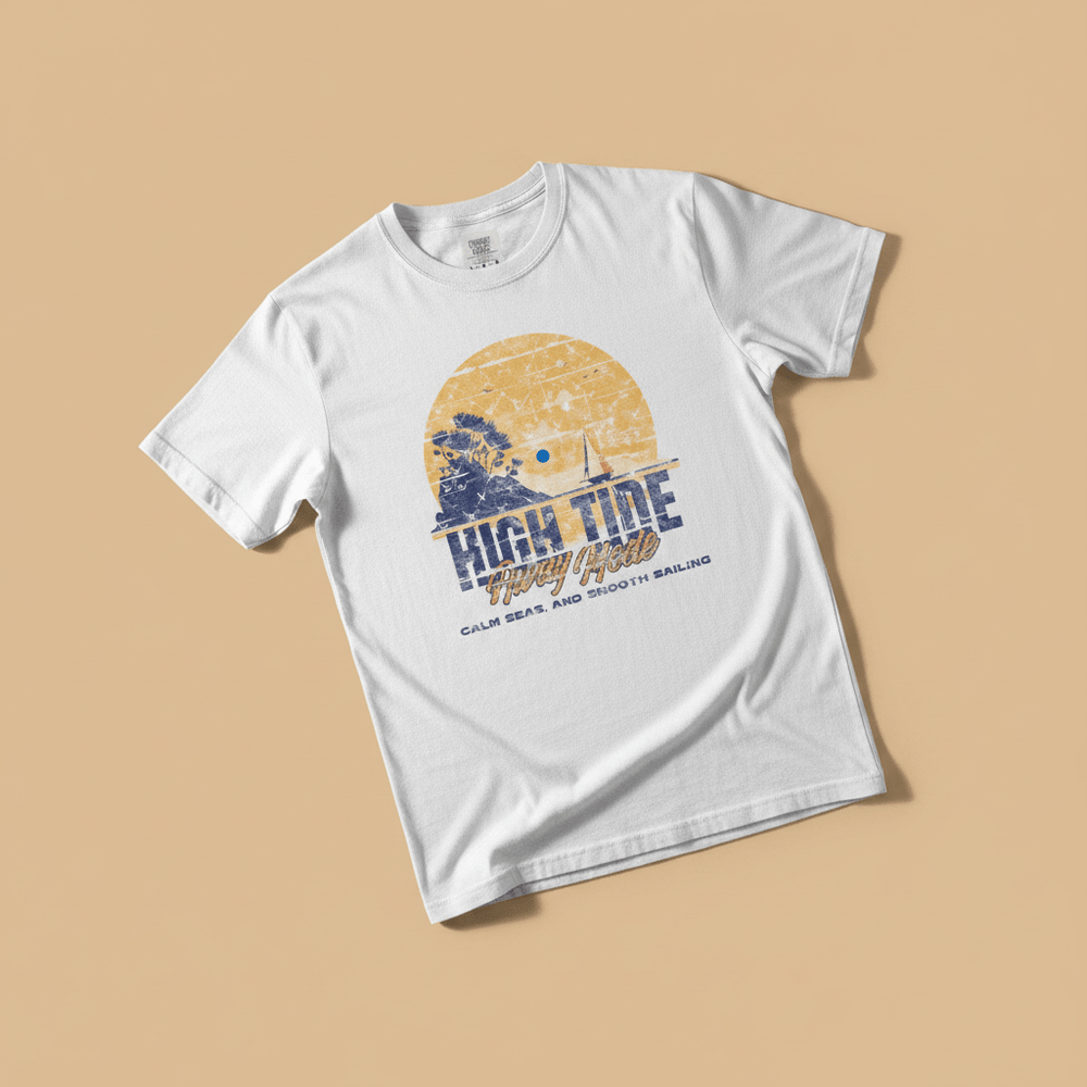 High Tide Happy Mode Tee in White — front graphic, warm sand studio background