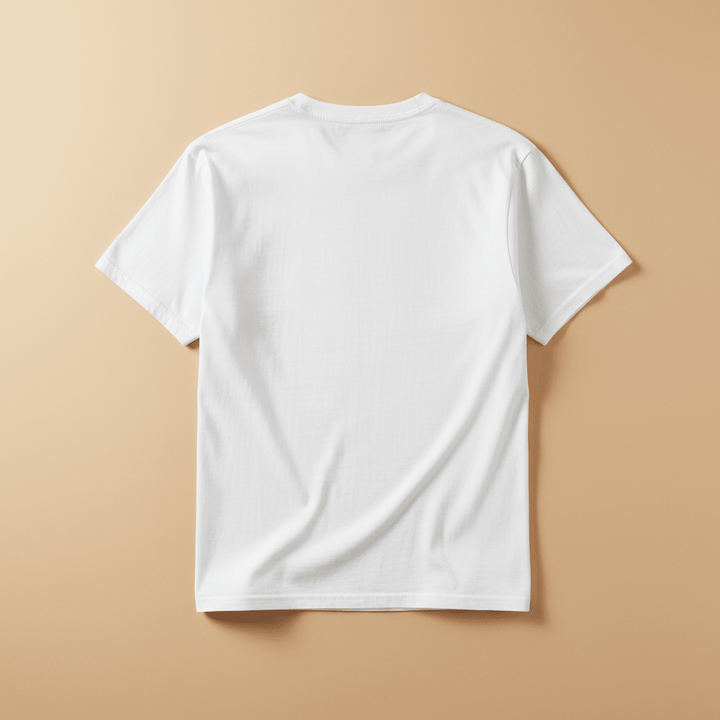 High Tide Happy Mode Tee in White — plain back, warm sand studio background