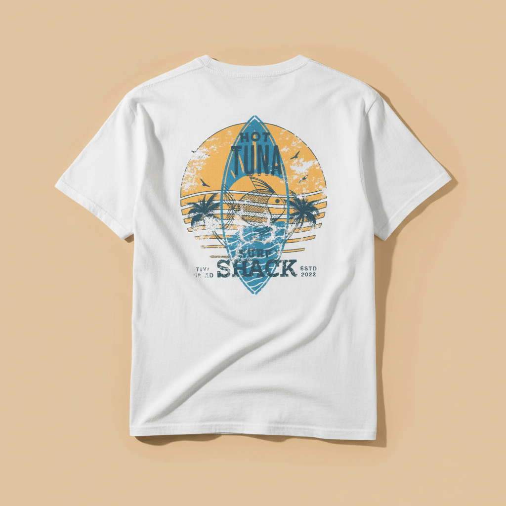 Hot Tuna Surf Shack Tee in White — full back graphic, warm sand studio background