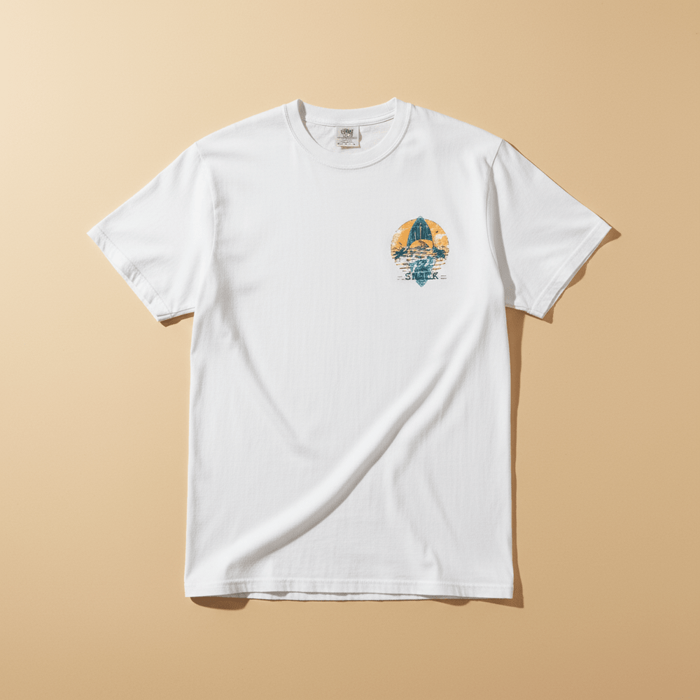 Hot Tuna Surf Shack Tee in White — front small chest graphic, warm sand studio background