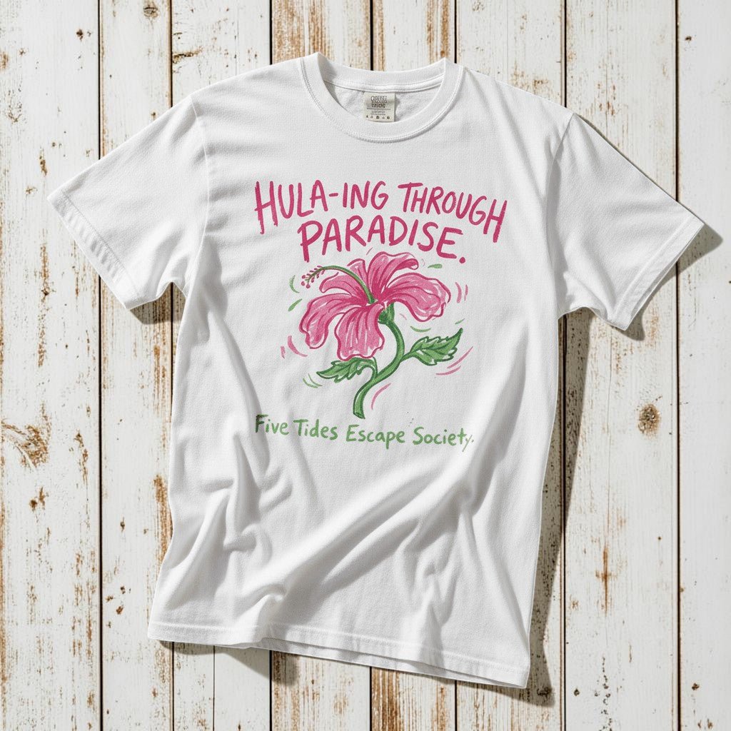 Hula-ing Through Paradise hibiscus floral graphic t-shirt in White casually tossed, tropical lifestyle product photo