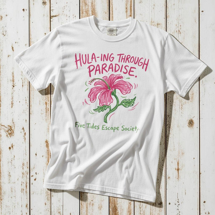 Hula-ing Through Paradise hibiscus floral graphic t-shirt in White casually tossed, tropical lifestyle product photo