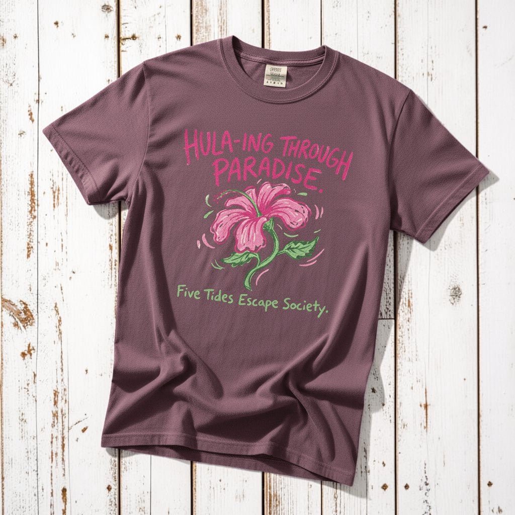 Hula-ing Through Paradise hibiscus floral graphic t-shirt in Berry deep pink casual, tropical lifestyle product photo