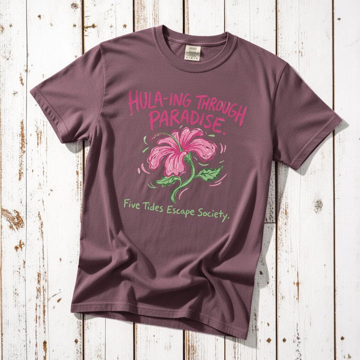 Hula-ing Through Paradise hibiscus floral graphic t-shirt in Berry deep pink casual, tropical lifestyle product photo