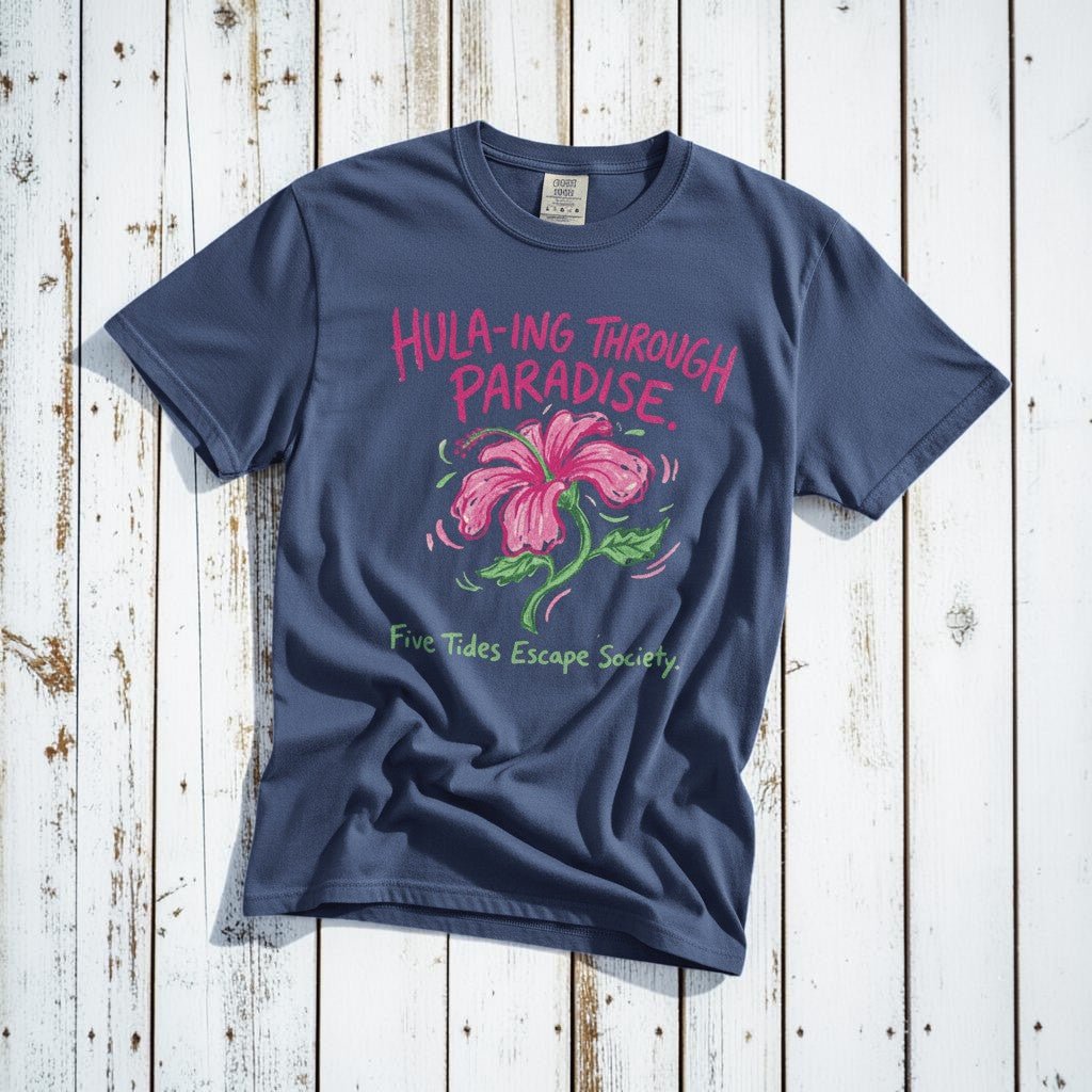 Hula-ing Through Paradise hibiscus floral graphic t-shirt in China Blue casual, tropical lifestyle product photo