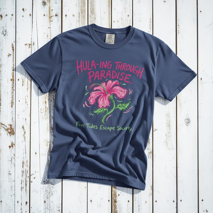 Hula-ing Through Paradise hibiscus floral graphic t-shirt in China Blue casual, tropical lifestyle product photo