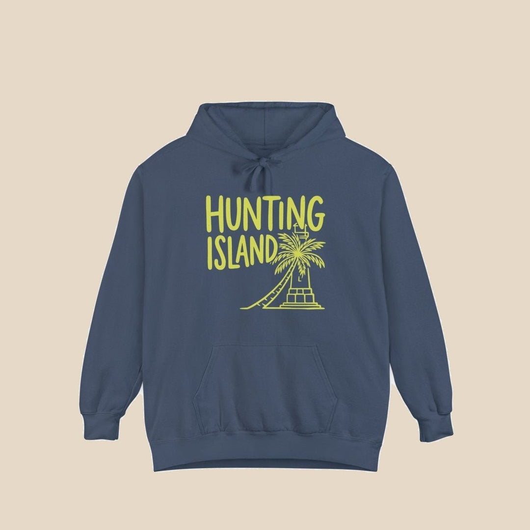 Hunting Island palm tree denim hoodie front flat lay — tropical palm graphic pullover by Five Tides Apparel