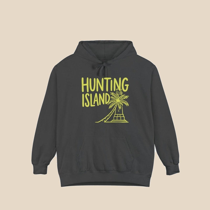 Hunting Island palm tree pepper hoodie front flat lay — tropical palm graphic pullover by Five Tides Apparel
