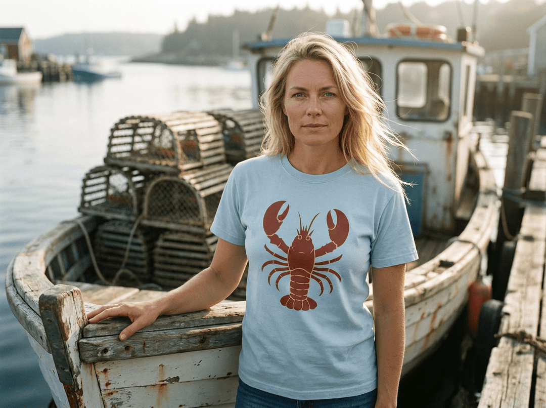 Woman wearing a t-shirt with a lobster design by a dock with lobster traps and a boat.