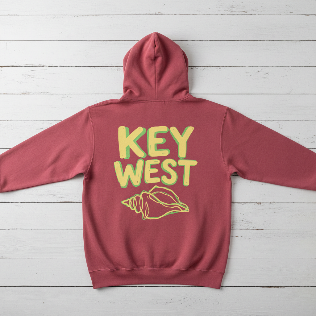Crimson Key West conch shell hoodie back flat lay on whitewashed boards