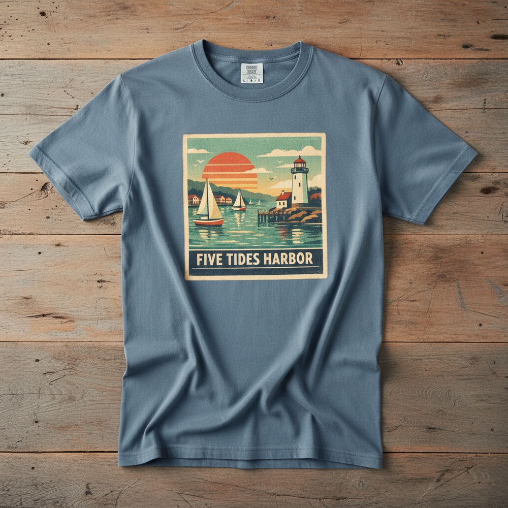 Five Tides Harbor Vintage Sailboat blue jean garment-dyed tee on faded driftwood planks