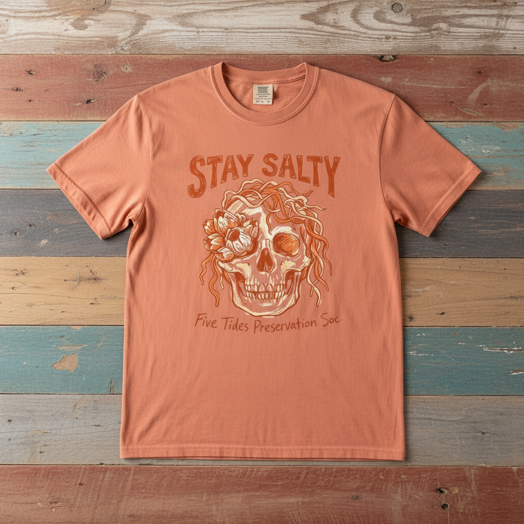 Stay Salty Skull Graphic Tee — Terracotta on Colorful Driftwood