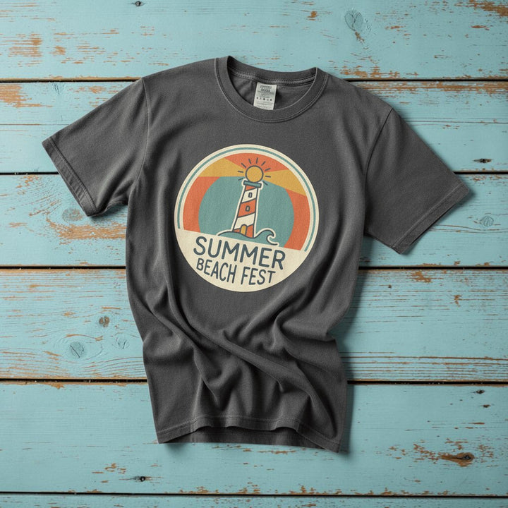 Summer Beach Fest graphite garment-dyed tee on weathered wood planks