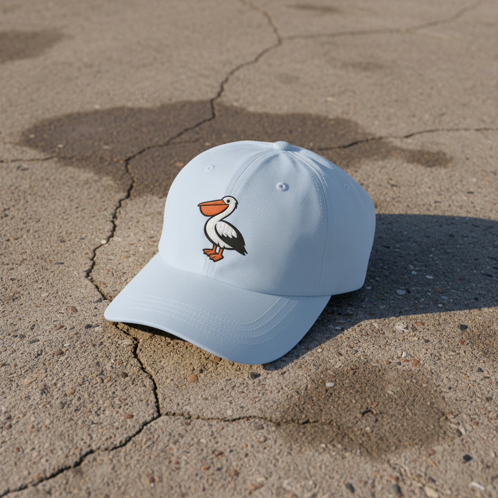 Pelican Beach light blue dad cap on light cracked cement with wet marks