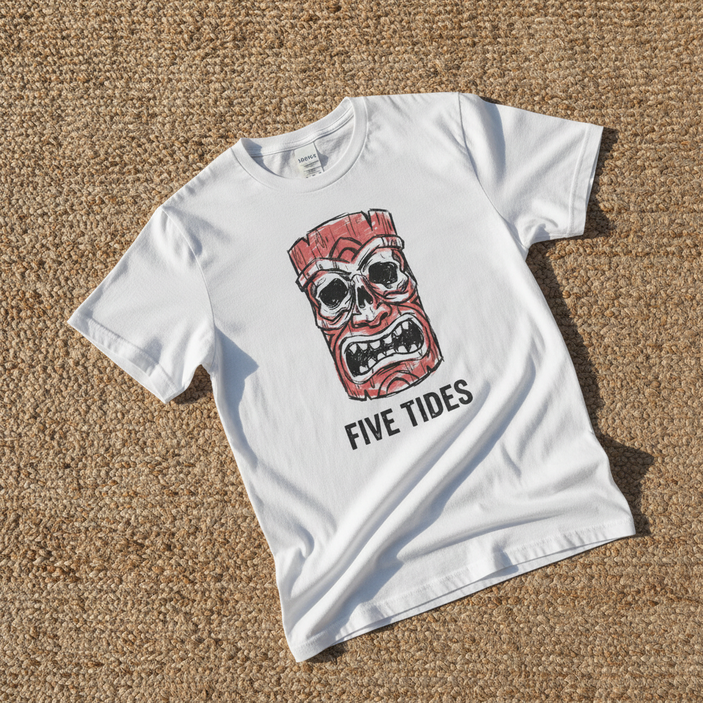 Red Tiki Skull FIVE TIDES surf graphic t-shirt in White casually tossed on a light sand-colored woven rug, coastal lifestyle product photo
