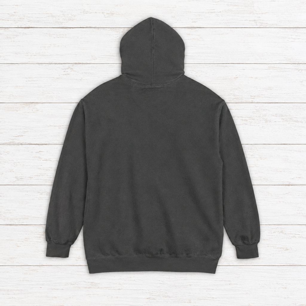 Virginia Oyster Tavern hoodie flat lay on whitewashed boards