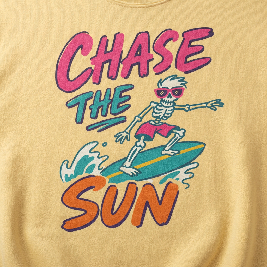 Chase The Sun yellow sweatshirt colorful surfing skeleton graphic close-up