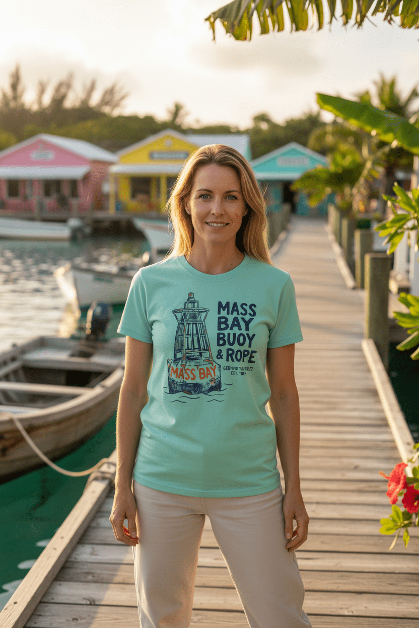 Female model wearing mint Mass Bay Buoy &amp; Rope t-shirt on tropical island beach town boat dock