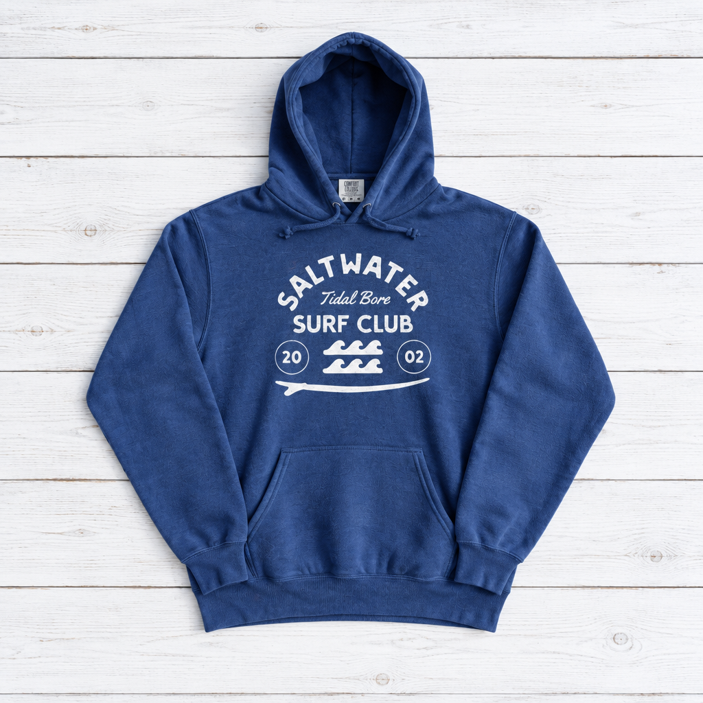 Flo Blue Saltwater Tidal Bore Surf Club hoodie front on whitewashed boards