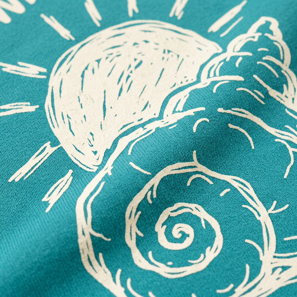 Beach Snail Seafoam hoodie cream shell and sun graphic fabric close-up