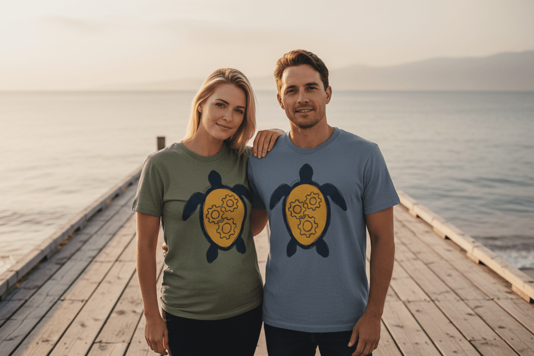 Couple wearing olive and slate blue steampunk sea turtle t-shirts on sun-bleached boat dock