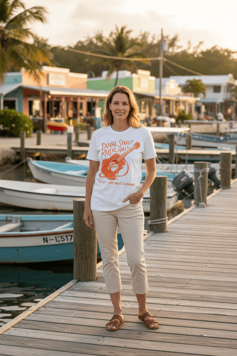 Female model wearing white Duval Street Music Hall t-shirt on tropical island beach town boat dock