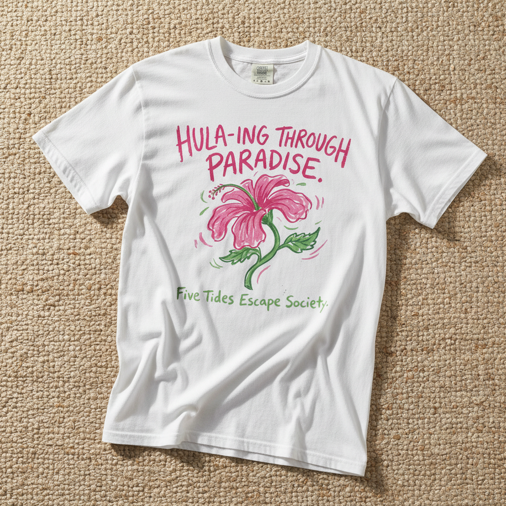 Hula-ing Through Paradise hibiscus floral graphic t-shirt in White casually tossed on a light sand-colored woven rug, tropical lifestyle product photo