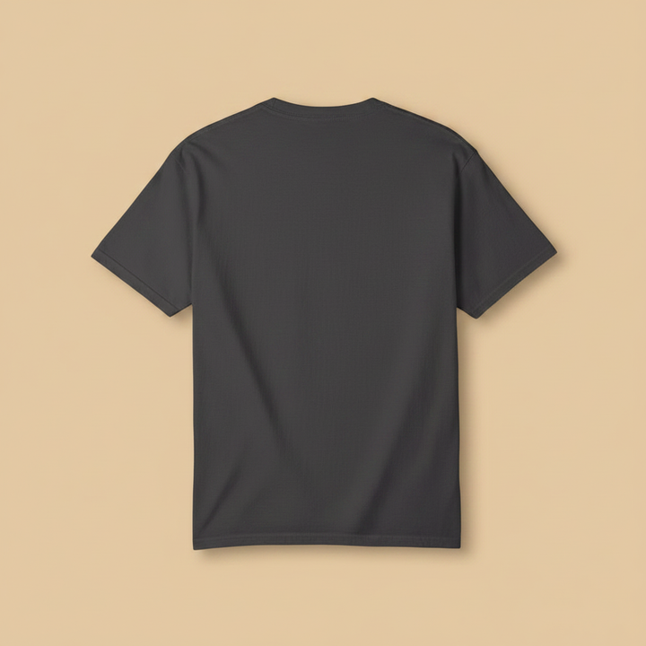 Prickly Lodge Pineapple Tee in Graphite — plain back, warm sand studio background