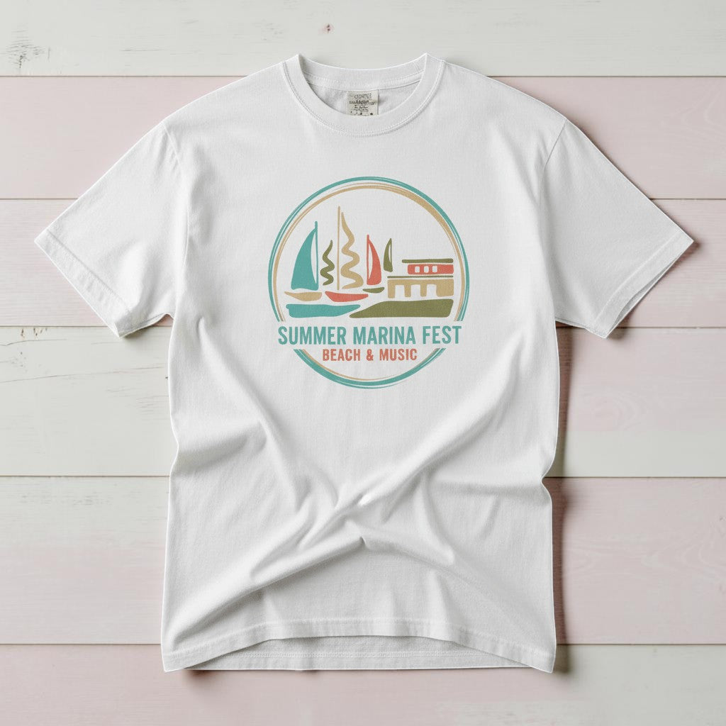 Summer Marina Festival white garment-dyed tee on weathered wood planks