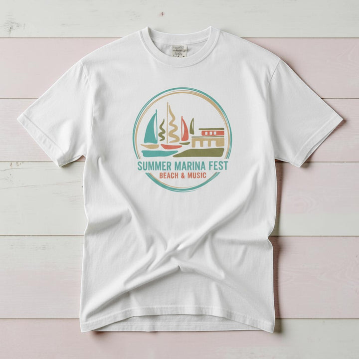 Summer Marina Festival white garment-dyed tee on weathered wood planks