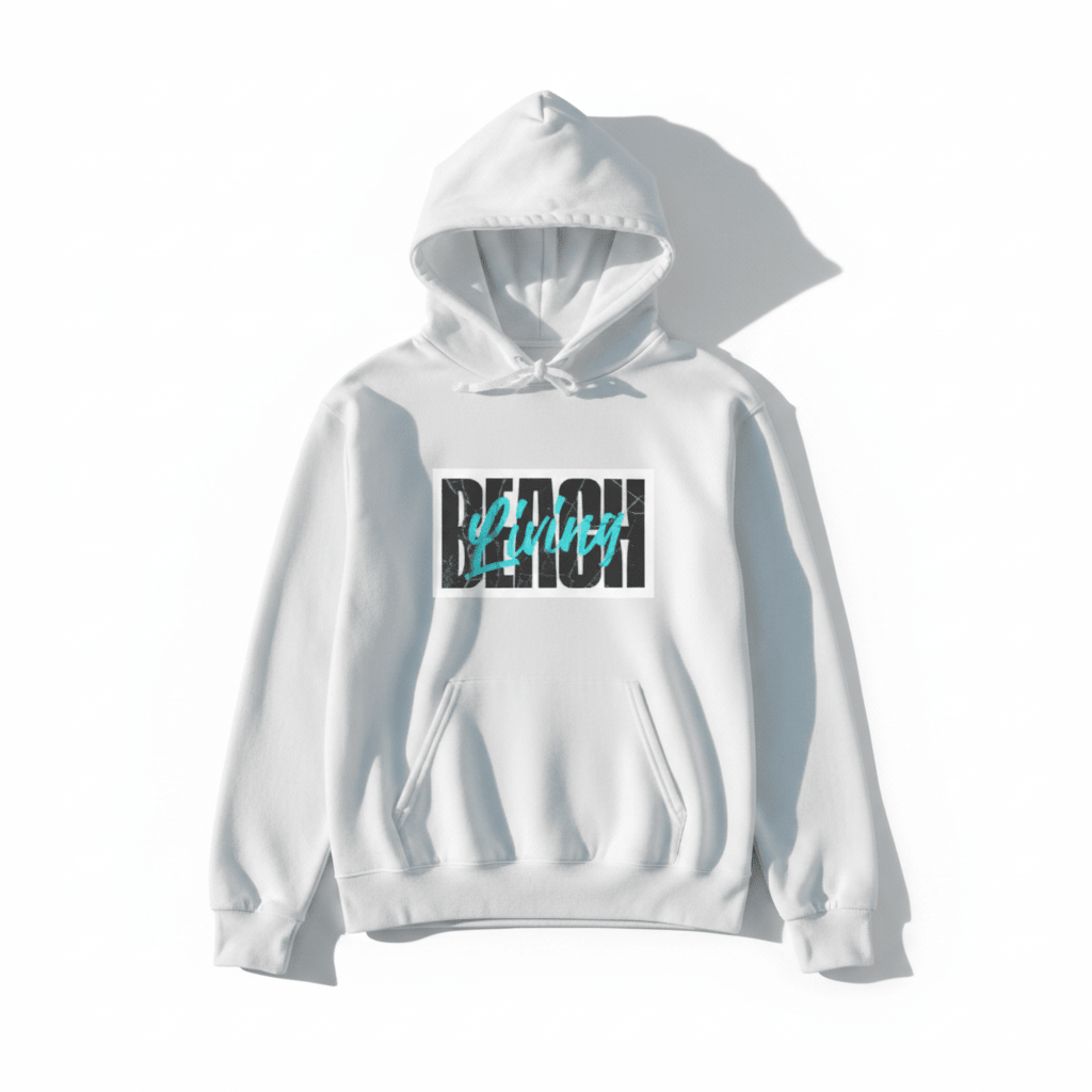 White Beach Living hoodie - white background