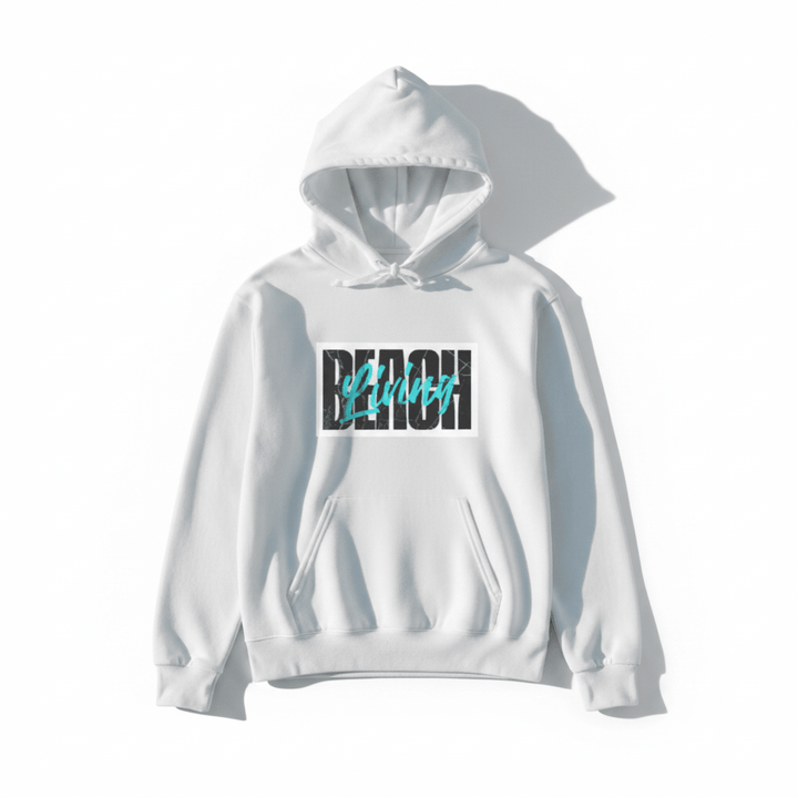 White Beach Living hoodie - white background