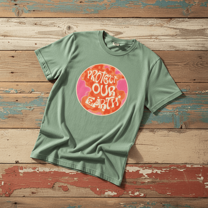 Protect Our Earth Dystopia light green garment-dyed tee tossed on retro-grunge driftwood planks
