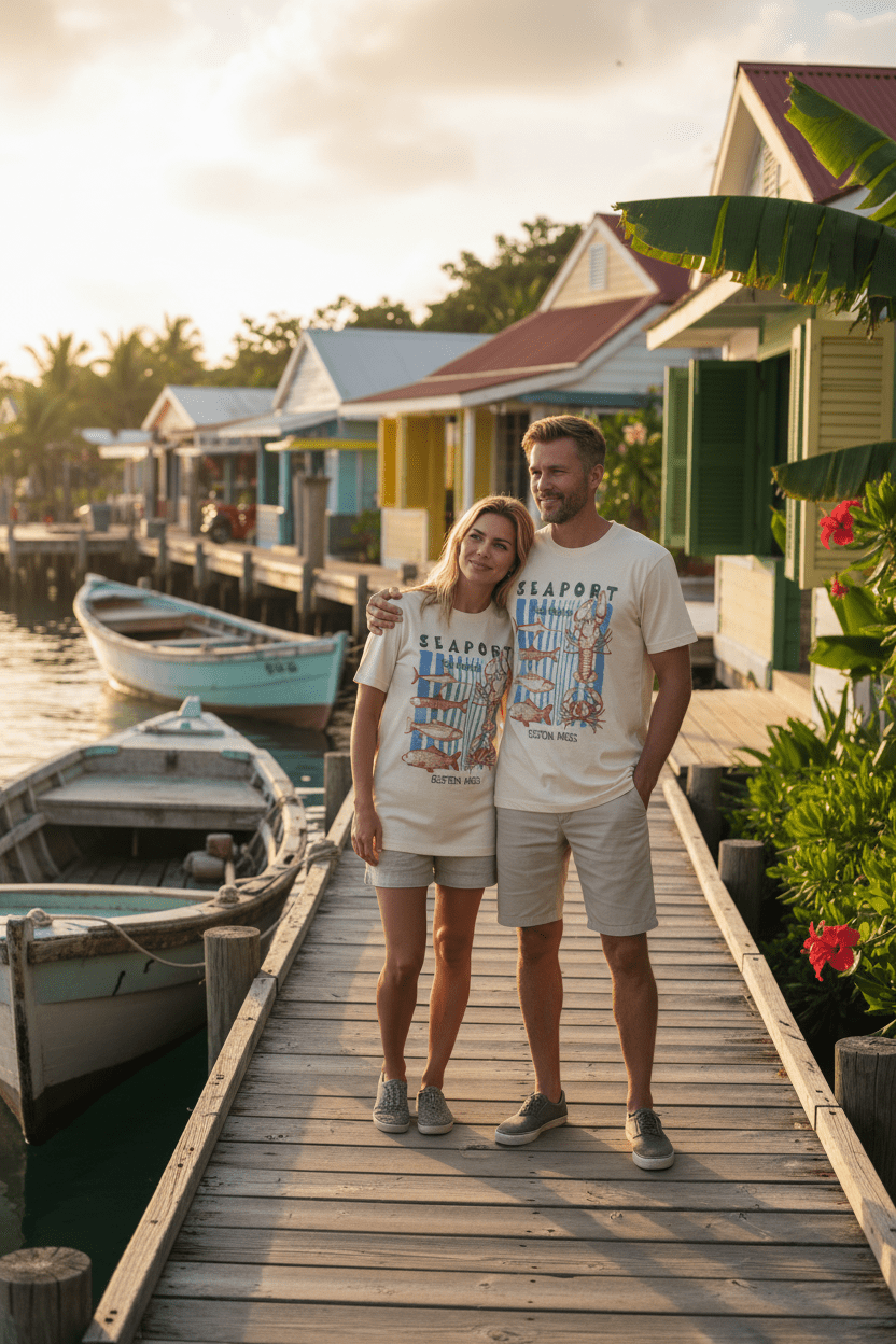 Couple lifestyle - Seaport Fish Market tee, tropical island dock