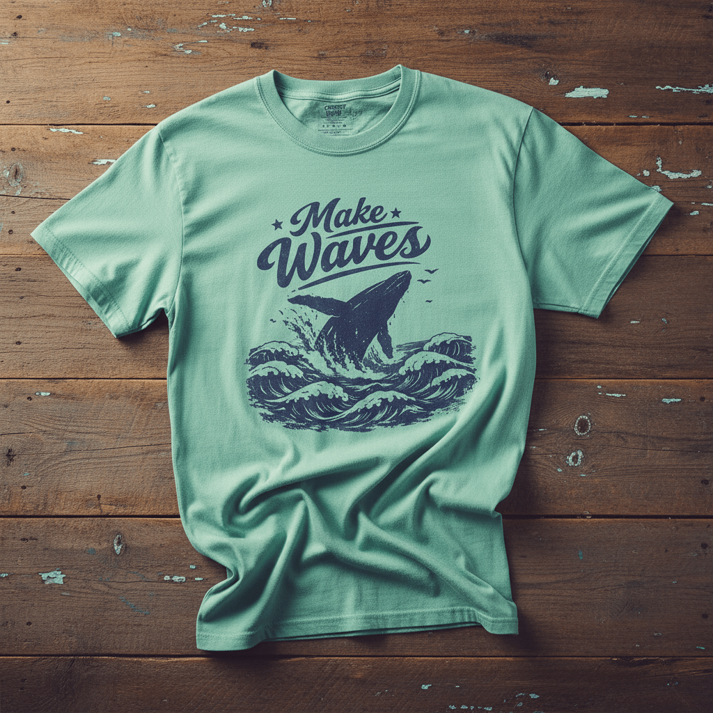 Make Waves island reef garment-dyed whale tee casually tousled on rustic reclaimed wood