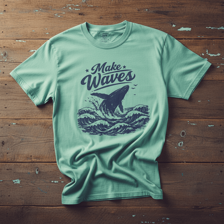 Make Waves island reef garment-dyed whale tee casually tousled on rustic reclaimed wood