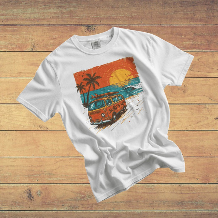 Casual Vintage Beach Van white garment-dyed tee casually tousled on rustic reclaimed wood