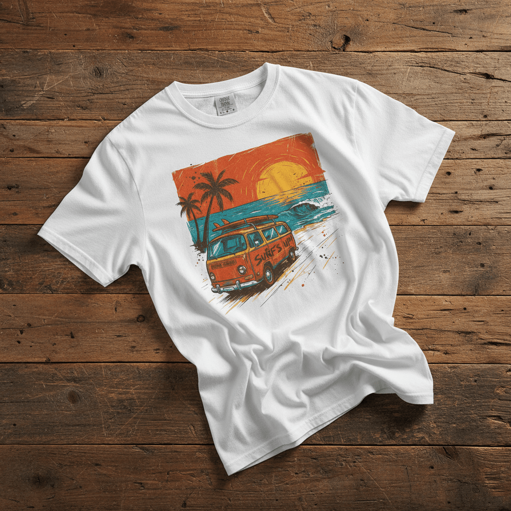Casual Vintage Beach Van white garment-dyed tee casually tousled on rustic reclaimed wood