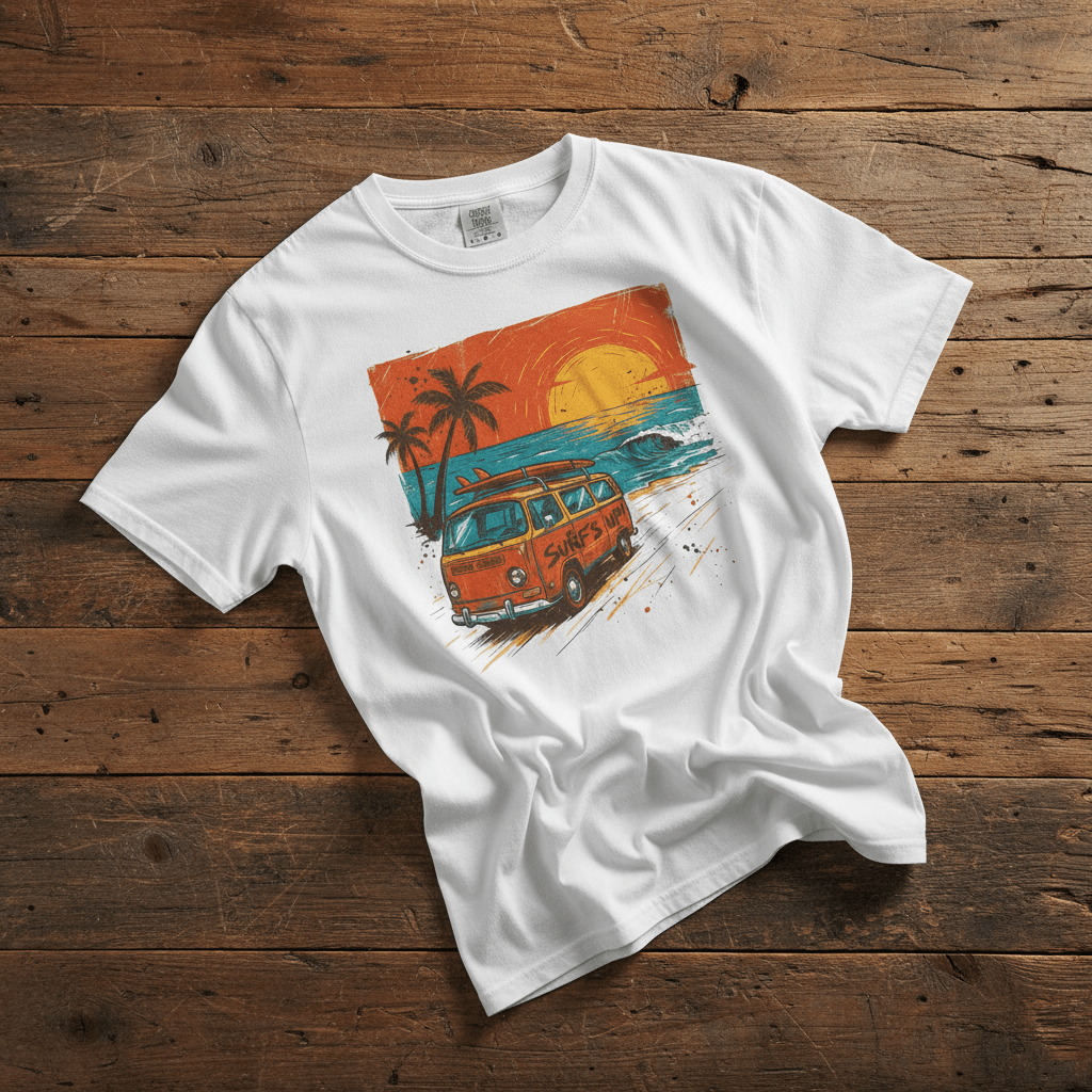 Casual Vintage Beach Van white garment-dyed tee casually tousled on rustic reclaimed wood