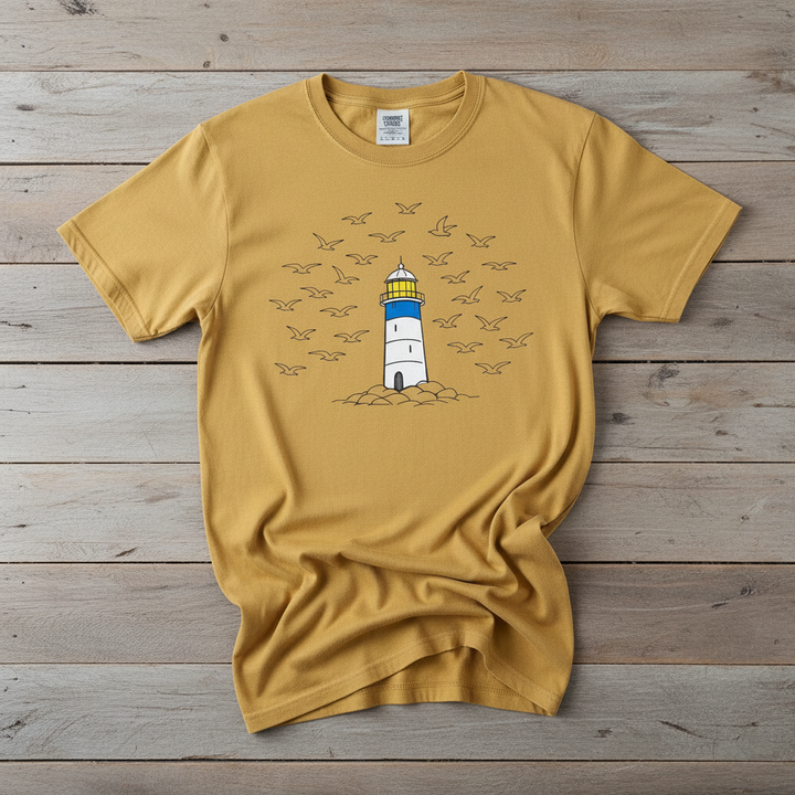 Lighthouse Coastal mustard garment-dyed tee on faded driftwood planks