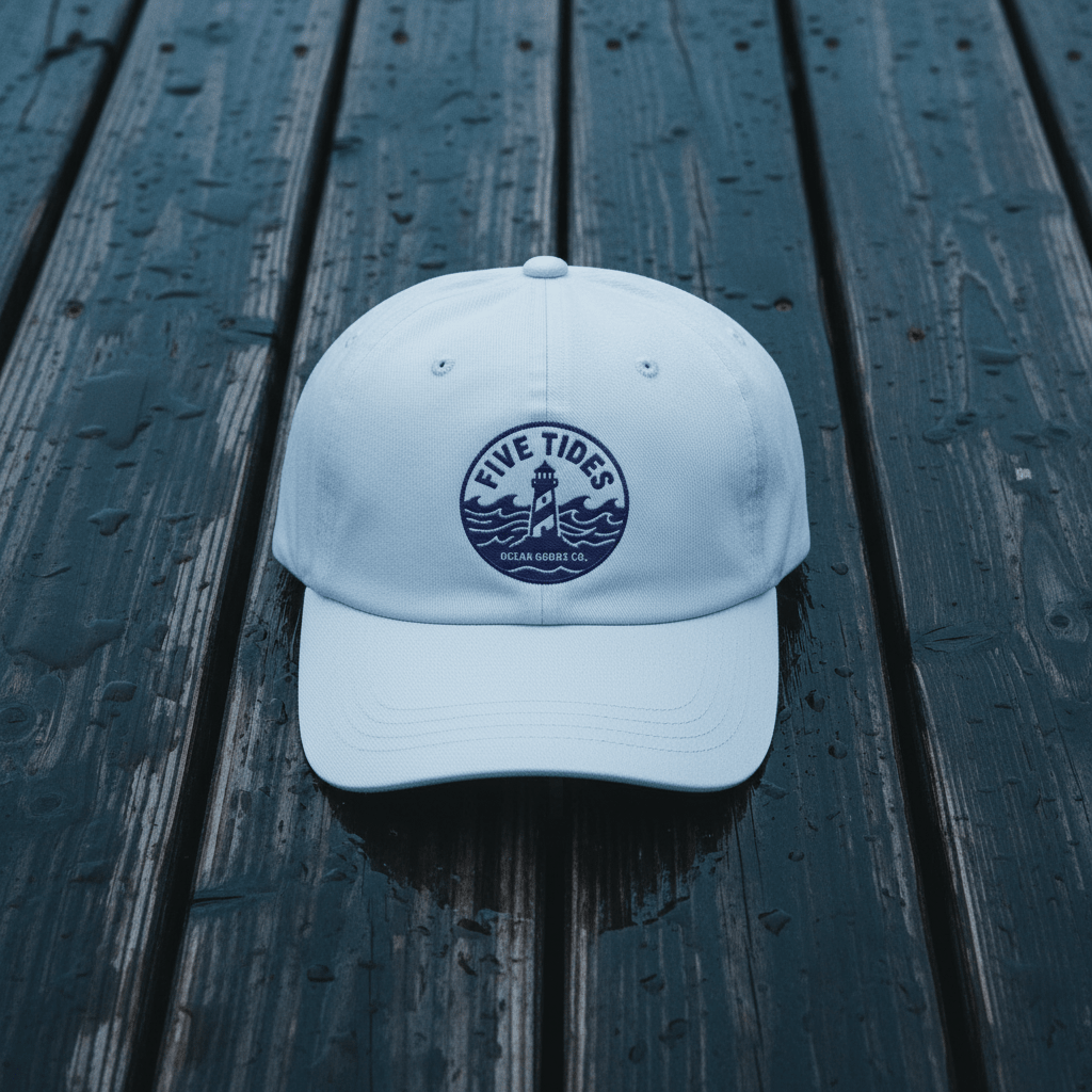 Five Tides Lighthouse Embroidered Dad Cap — Light Blue on Rain-Soaked Driftwood