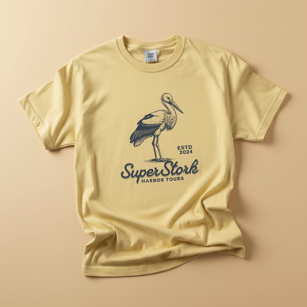Super Stork Tee in Banana Yellow — front graphic, warm sand studio background