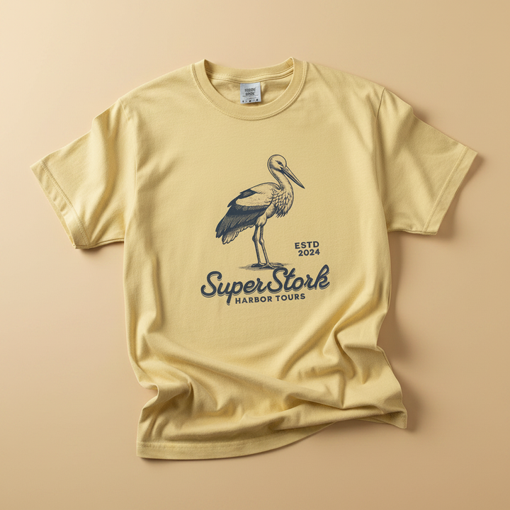 Super Stork Tee in Banana Yellow — front graphic, warm sand studio background