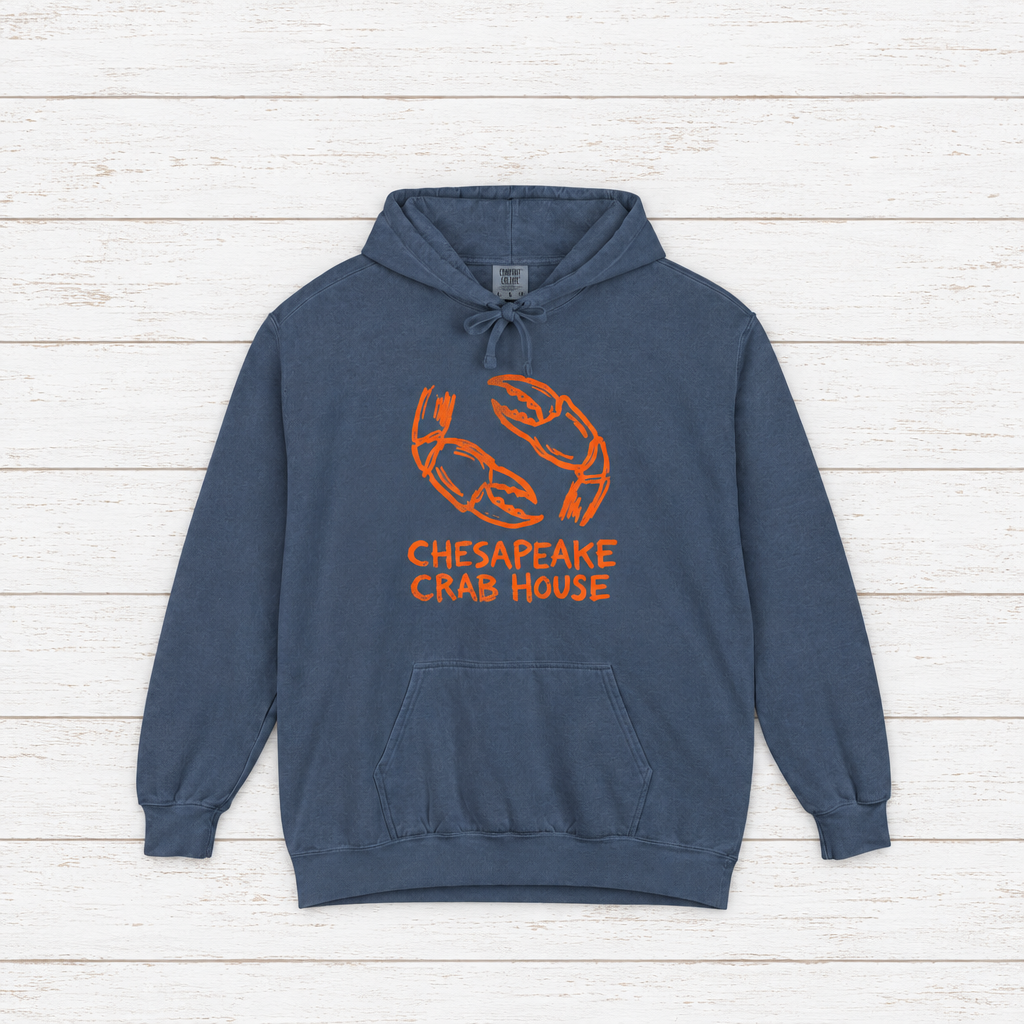 Chesapeake Crab House hoodie flat lay on whitewashed boards