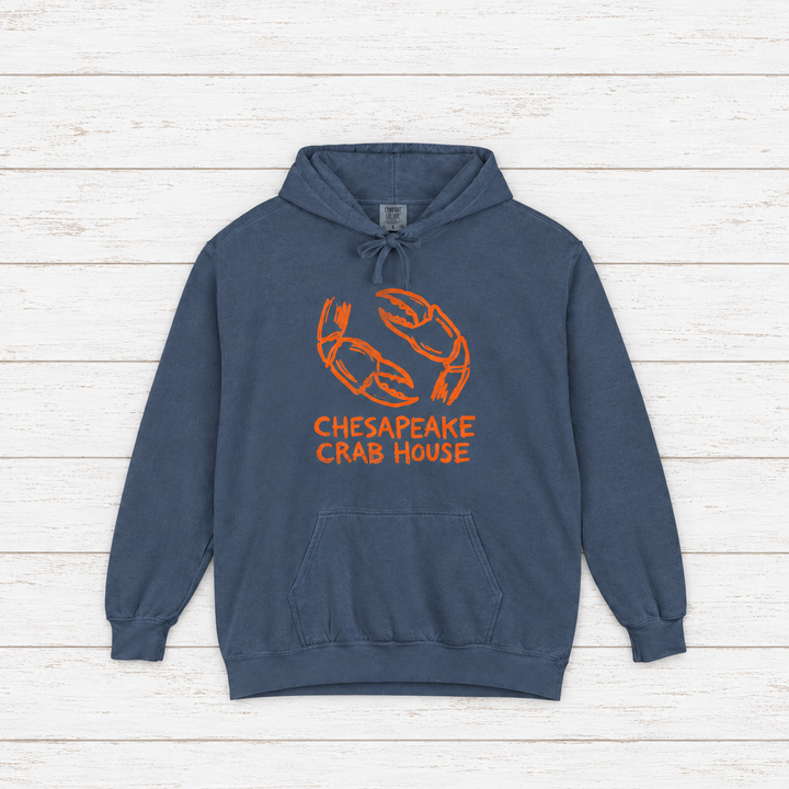 Chesapeake Crab House hoodie flat lay on whitewashed boards