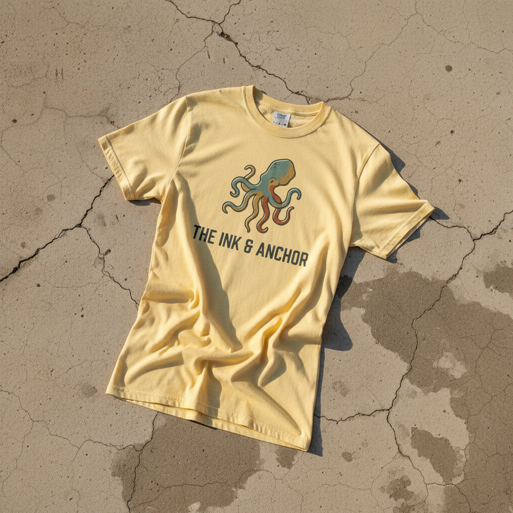 Octopus Ink & Anchor banana garment-dyed tee on light cracked cement with wet marks
