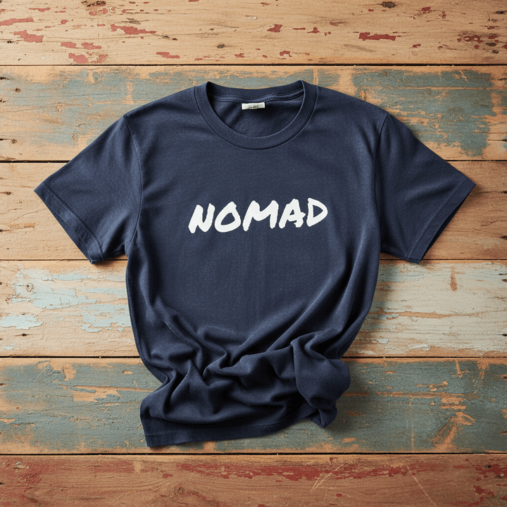 Flatlay - navy NOMAD tee on driftwood