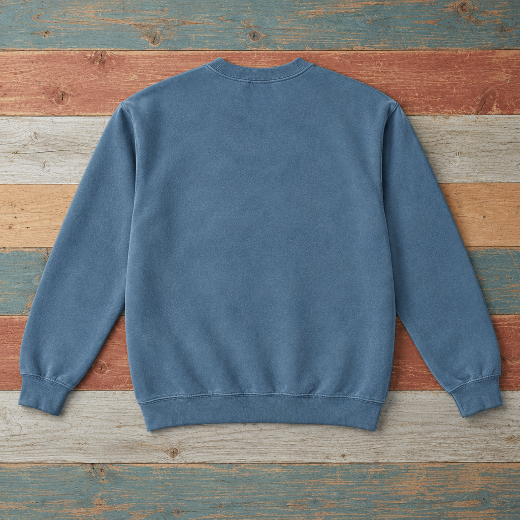 Plain back of Bar Harbor crewneck sweatshirt in Blue Jean on colorful weathered driftwood boards
