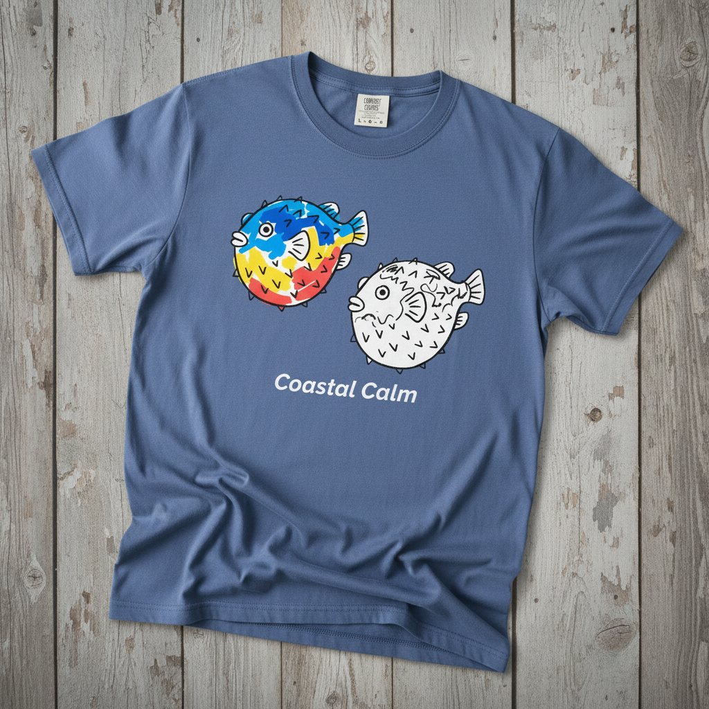 Puffer Fish Coastal Calm mystic blue garment-dyed tee on faded driftwood planks